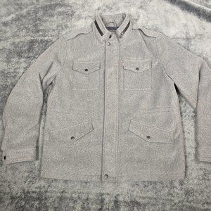 Levis Jacket Men Large Gray Long Sleeve Wool Blend Quilt Lined Hood Utility Coat